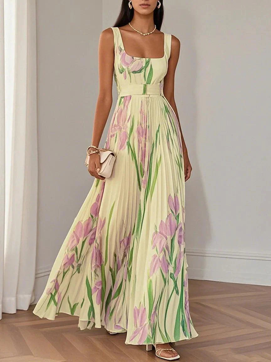 Pleated Floral Maxi Dress – Elegant Chiffon Sleeveless A-Line Silhouette
