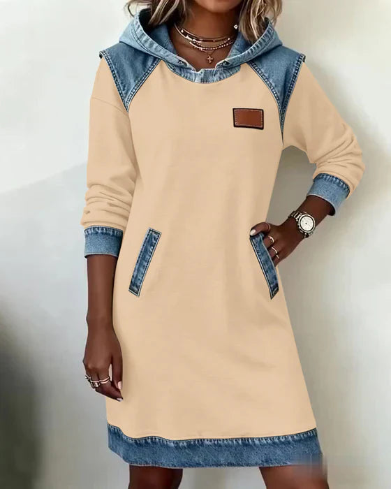 Casual Hooded Dress – Two Tone Cotton Blend, Straight Fit Pocketed Style
