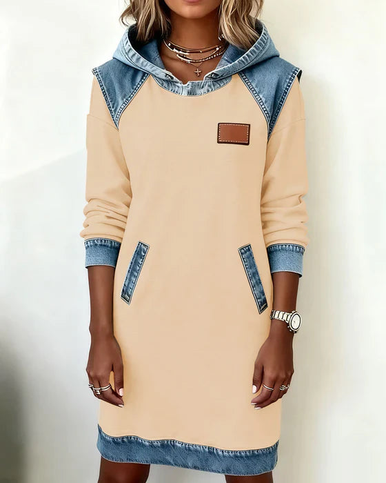 Casual Hooded Dress – Two Tone Cotton Blend, Straight Fit Pocketed Style
