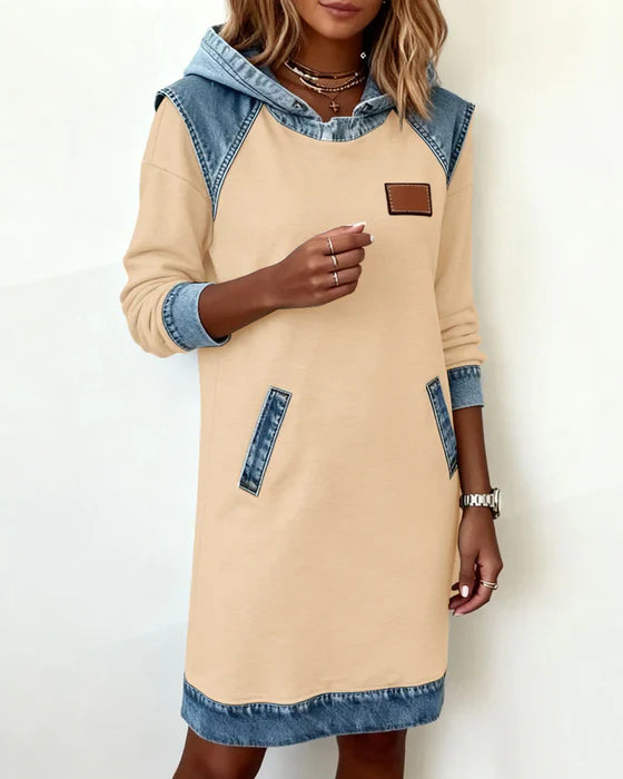 Casual Hooded Dress – Two Tone Cotton Blend, Straight Fit Pocketed Style