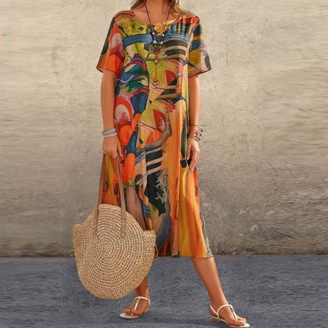 Lightweight Midi Dress – Casual Flowing Summer Dress with Artistic Print