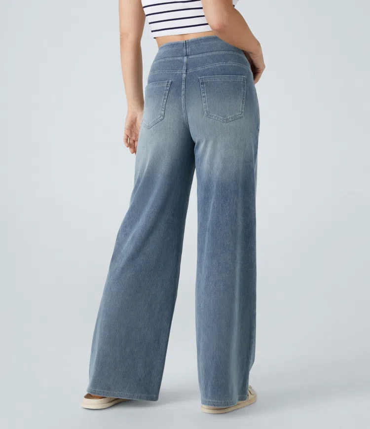 Relaxed Fit Jeans - High Waist Wide-Leg Pull On Comfortable Stretch Denim Pants