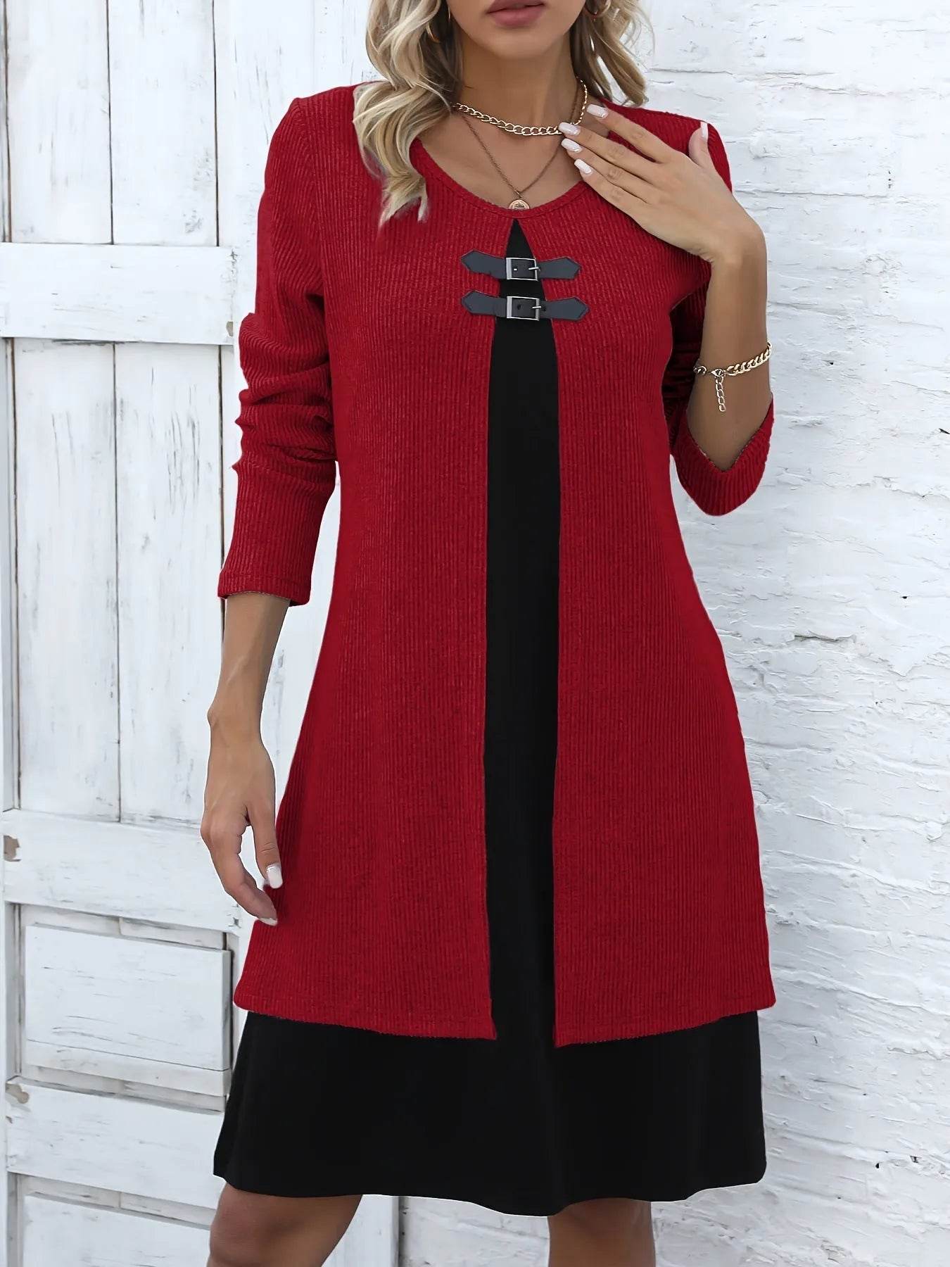 Stylish Casual Dress - Two-Tone Long Sleeve Office Wear With Buckle Detail