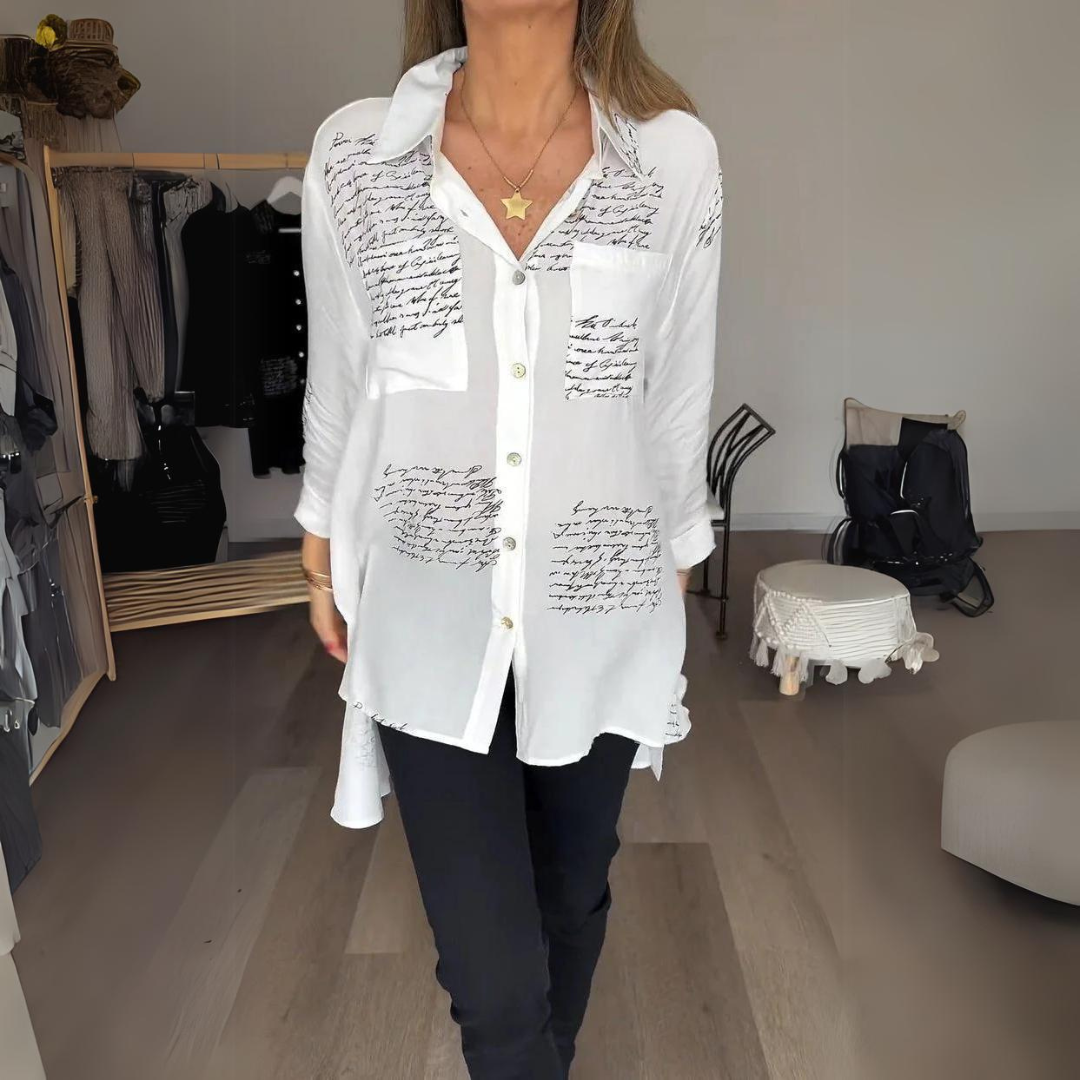 Handwritten Button-Up Shirt - Casual Chic Viscose Fabric Blouse With Artistic Print