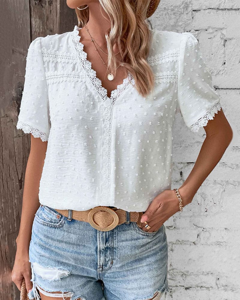 Lace Blouse - Women's V-Neck Short Sleeve Blouse with Elegant Lace Detail