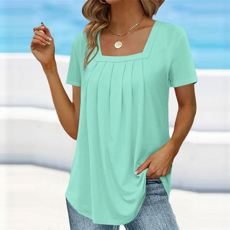 Casual Pleated Blouse – Women's Tops | Flattering Square Neckline Shirt