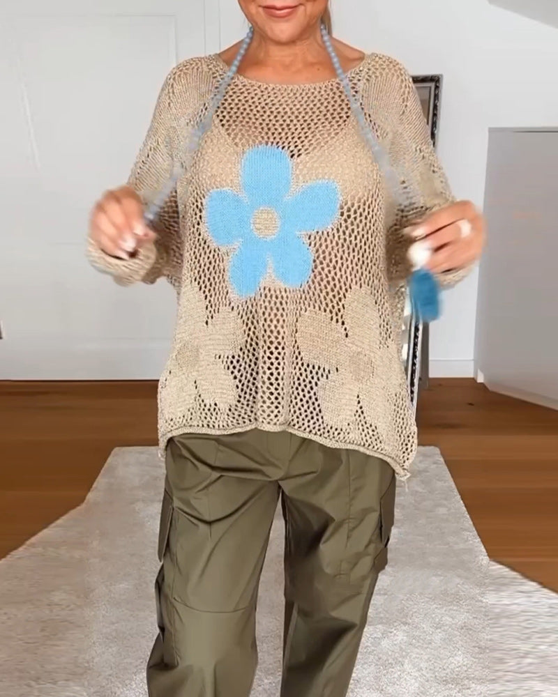 Floral Knit Sweater – Classic Fit Women's Cozy Knitwear With Elegant Floral Design