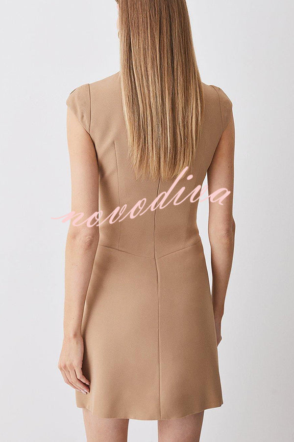 Military Style Mini Dress – Structured Patchwork Pleated Hem Statement Dress