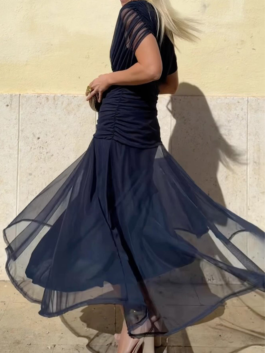 Elegant Mesh Dress – Women's Boutonniere Detail Evening Gown With Feminine Silhouette