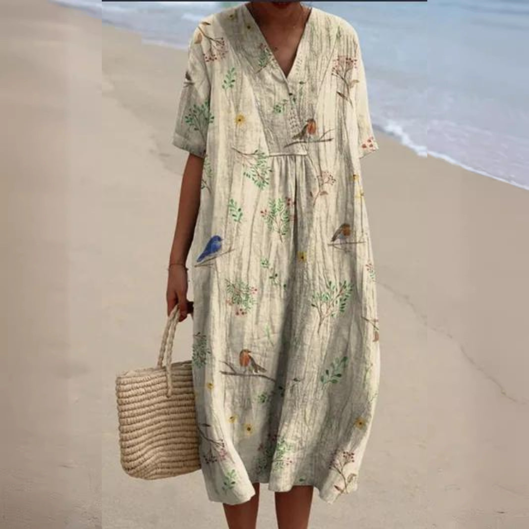 Floral Sundress - Lightweight Linen Cotton Blend Dress With Tummy Coverage