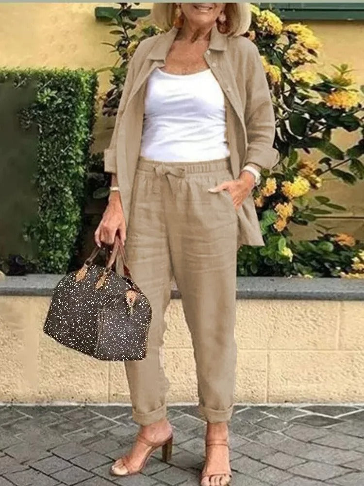 Long Sleeved Shirt Set – Comfortable Lounge Wear With Adjustable Waistband Pants