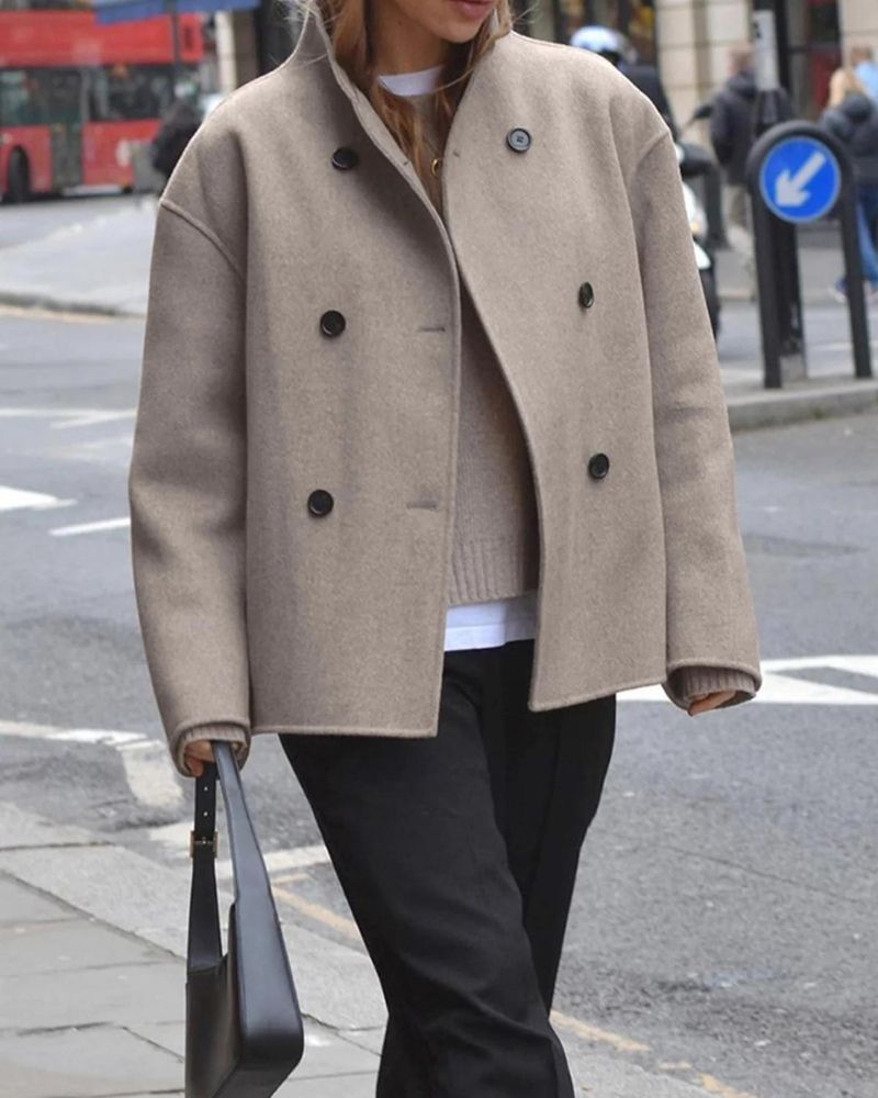 Designer Wool Blend Jacket – Loose Fit Double Breasted Chic Comfort Coat