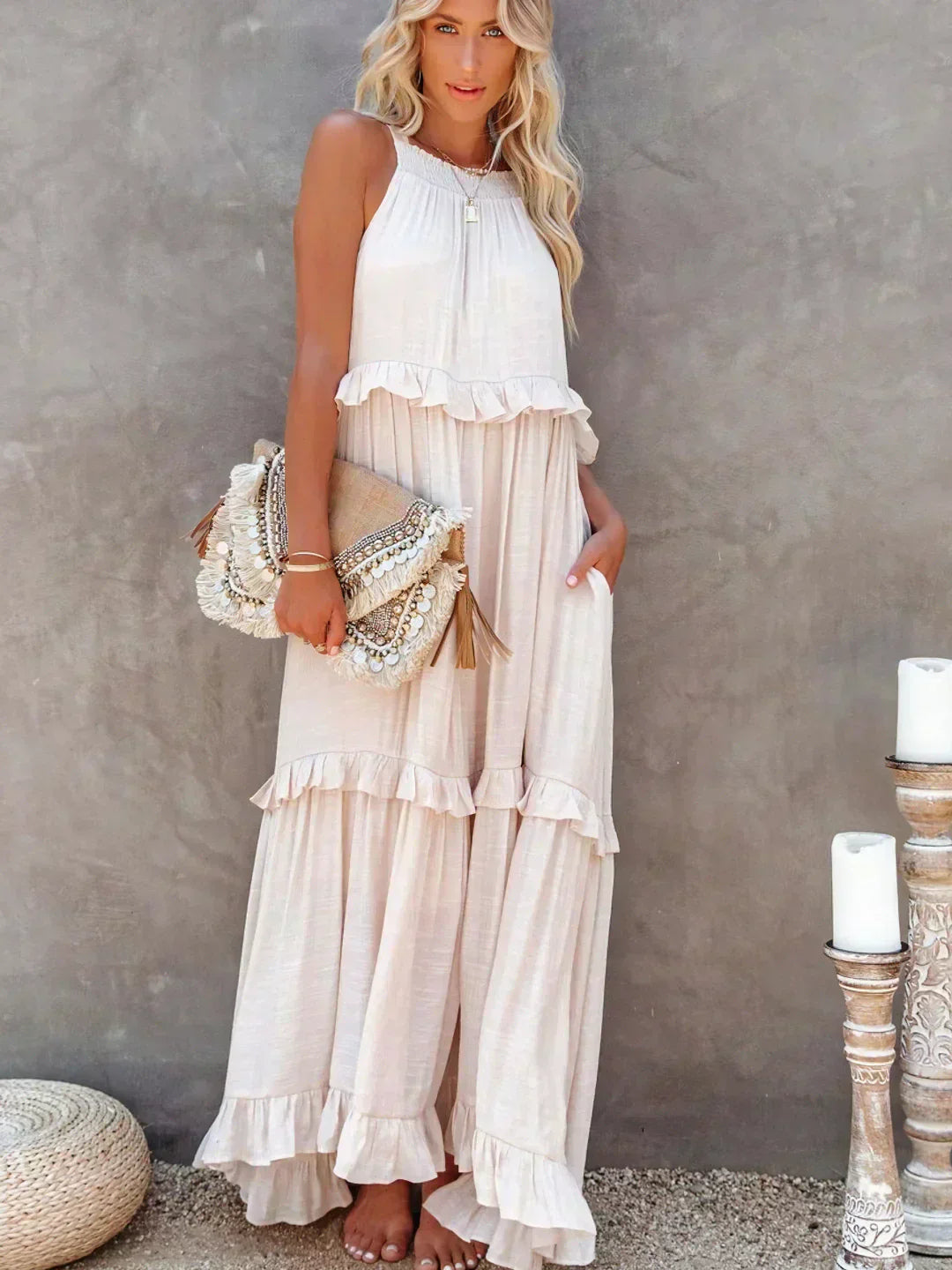 Halter Ruffle Maxi Dress – Elegant Bohemian Flowy Summer Dress With Ruffle Hem