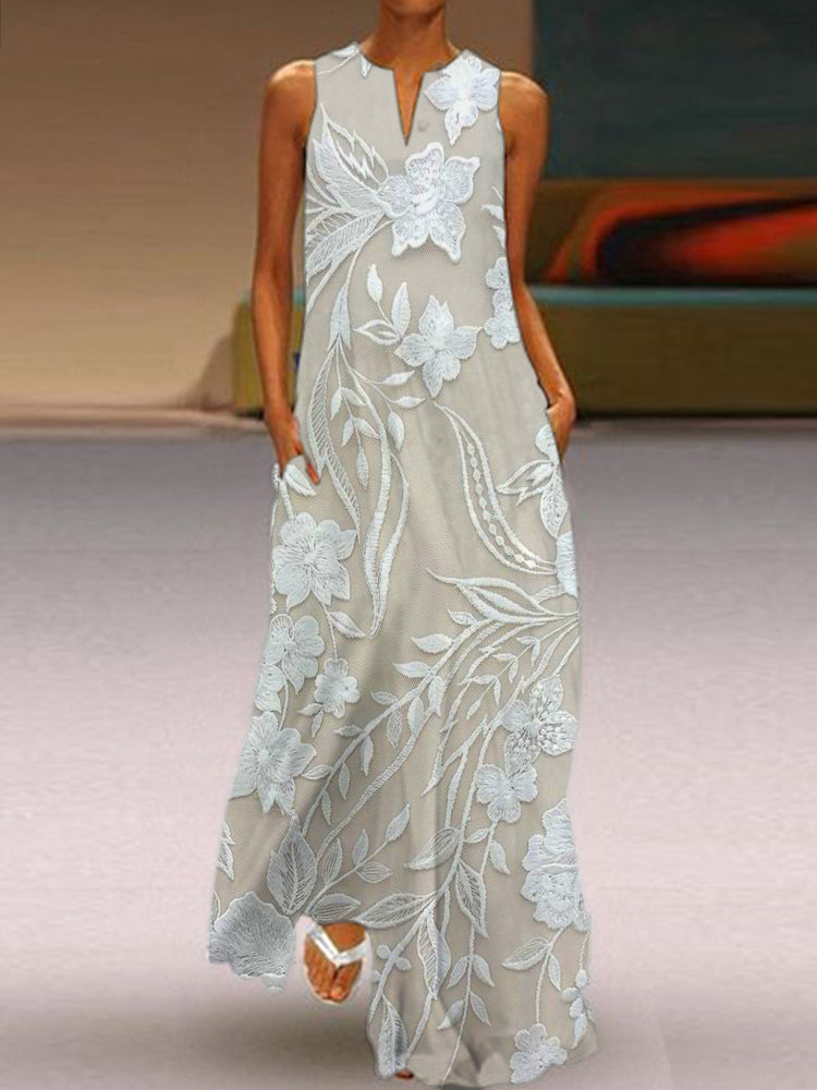 Elegant Sleeveless Dress – Luxe Printed Floral A-Line Silhouette Maxi Gown