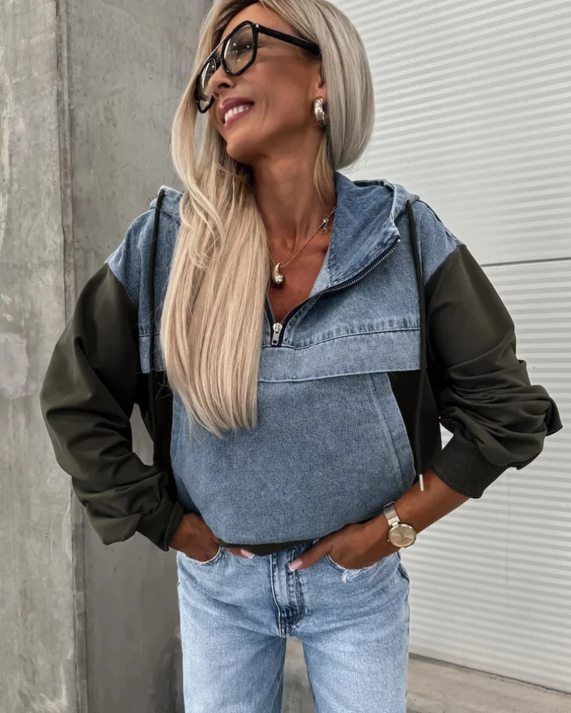 Jeans Sweater Hoodie - Cropped Relaxed Fit With Denim Panel & Adjustable Hem