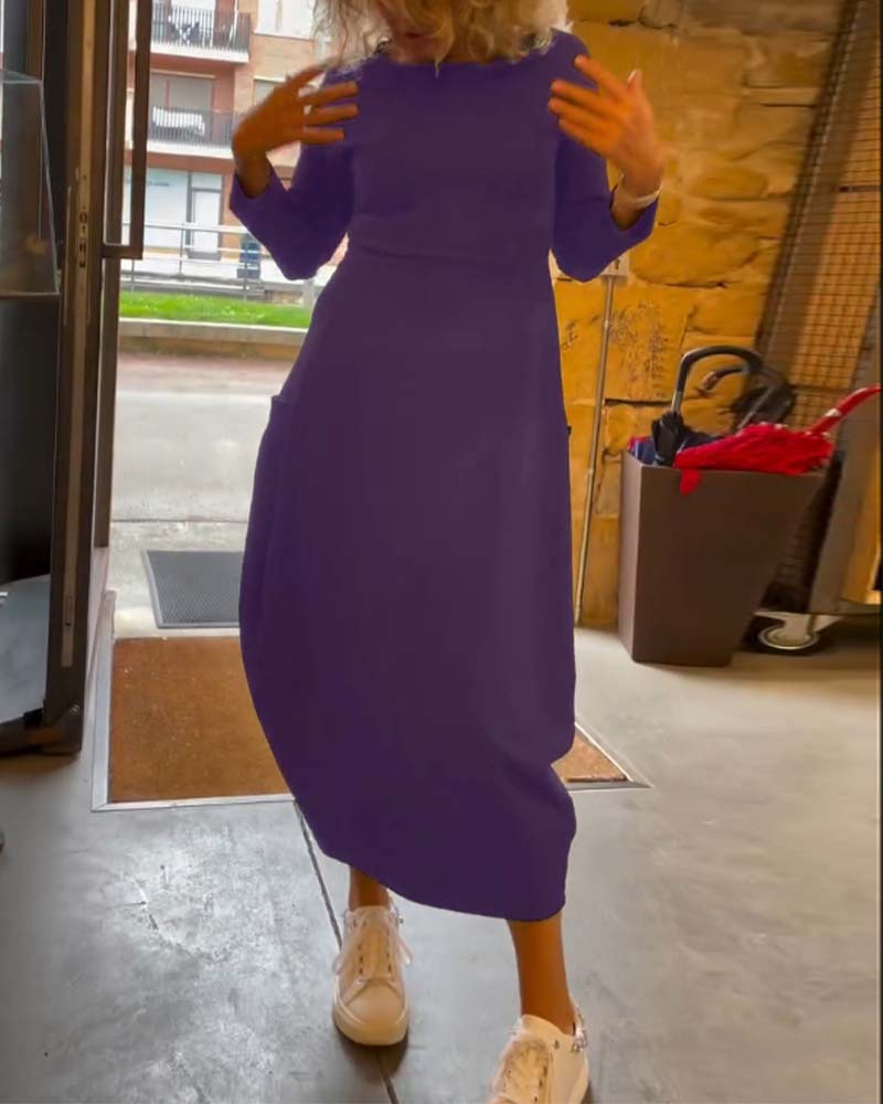 Round Neck Pocket Dress – Elegant Midi Dress With Functional Pockets For Women