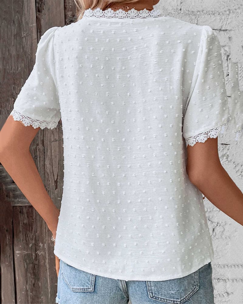 Lace Blouse - Women's V-Neck Short Sleeve Blouse with Elegant Lace Detail
