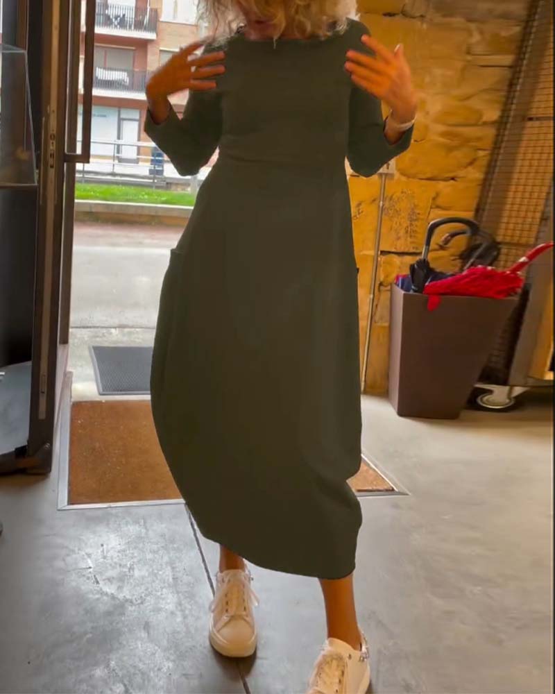 Round Neck Pocket Dress – Elegant Midi Dress With Functional Pockets For Women