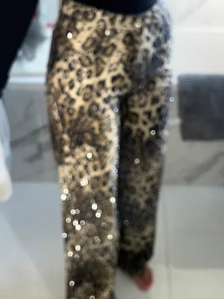 Leopard Flared Jeans – Diamanté Embellished Women's Retro Flare Denim Pants
