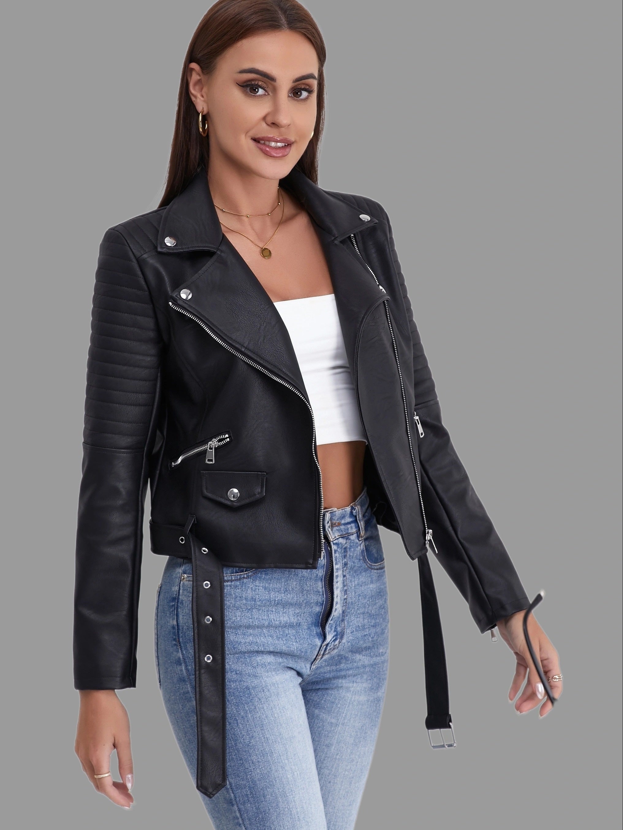 Trendy Biker Jacket – Women's Leather Motorcycle Jacket with Silver Accents