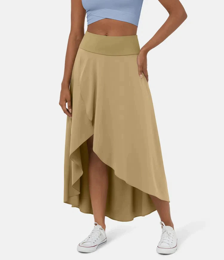 Asymmetric Midi Skirt - Elegant High Waist Flowy Skirt for Women