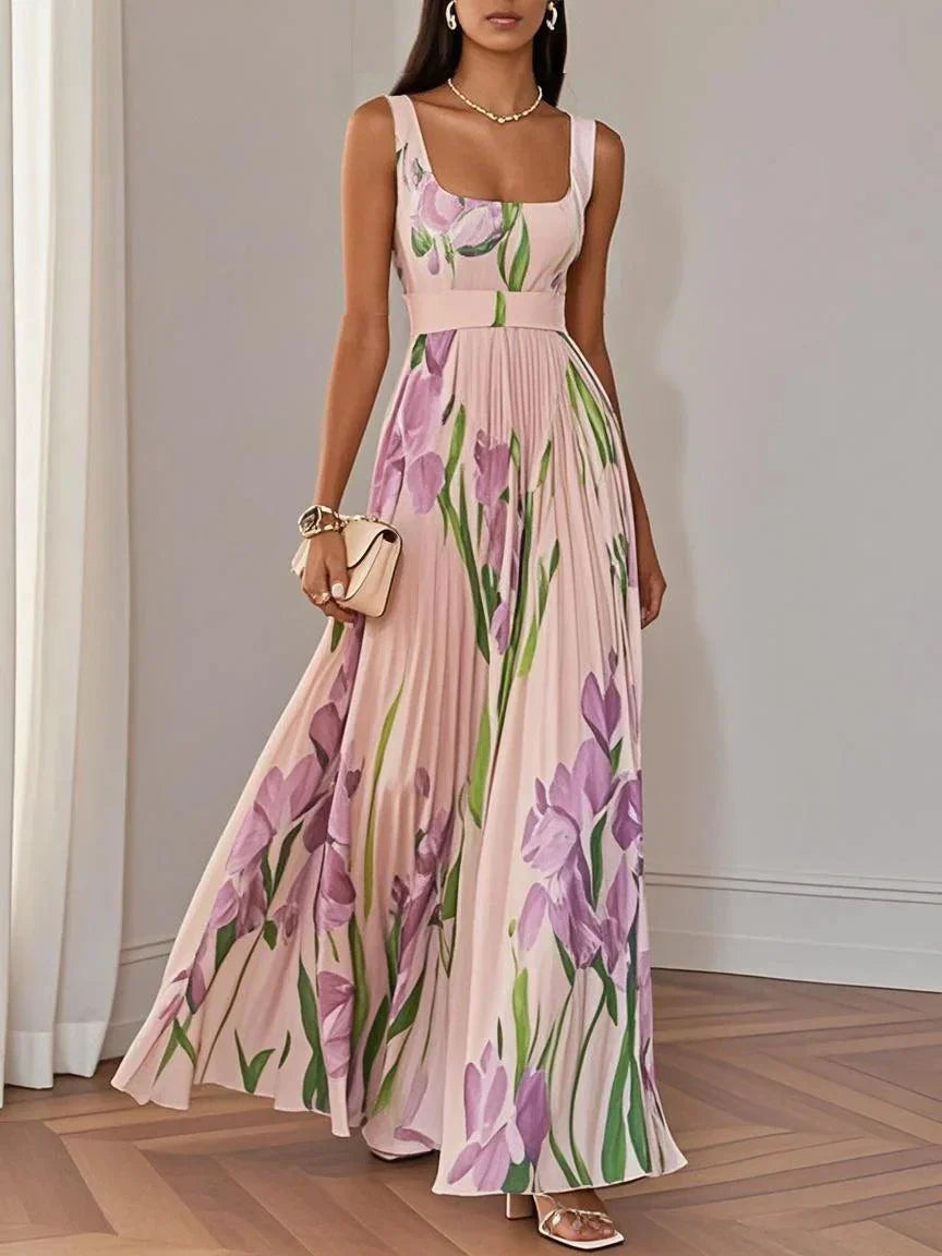 Pleated Floral Maxi Dress – Elegant Chiffon Sleeveless A-Line Silhouette