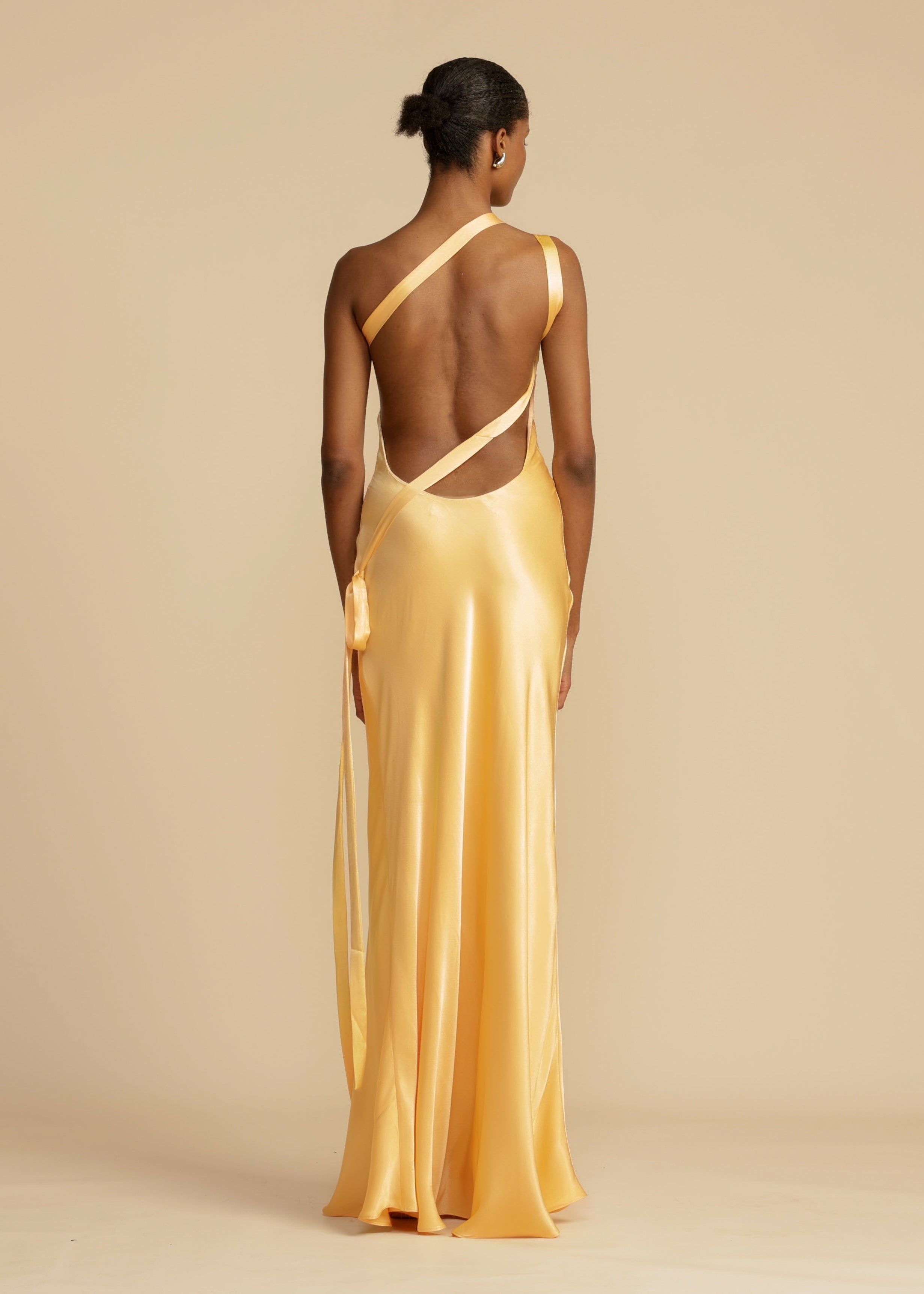 Maxi Dress | Golden One Shoulder Dress With Open Back & Adjustable Strap