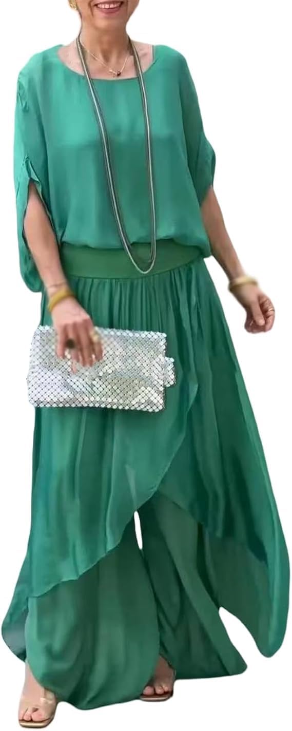 Two Piece Chiffon Set – Women's Casual Summer Outfit With Lightweight, Flowing Fabric