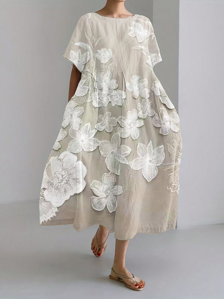 Floral Print Dress - Elegant Round Neck Summer Dress With Soft White Botanical Design
