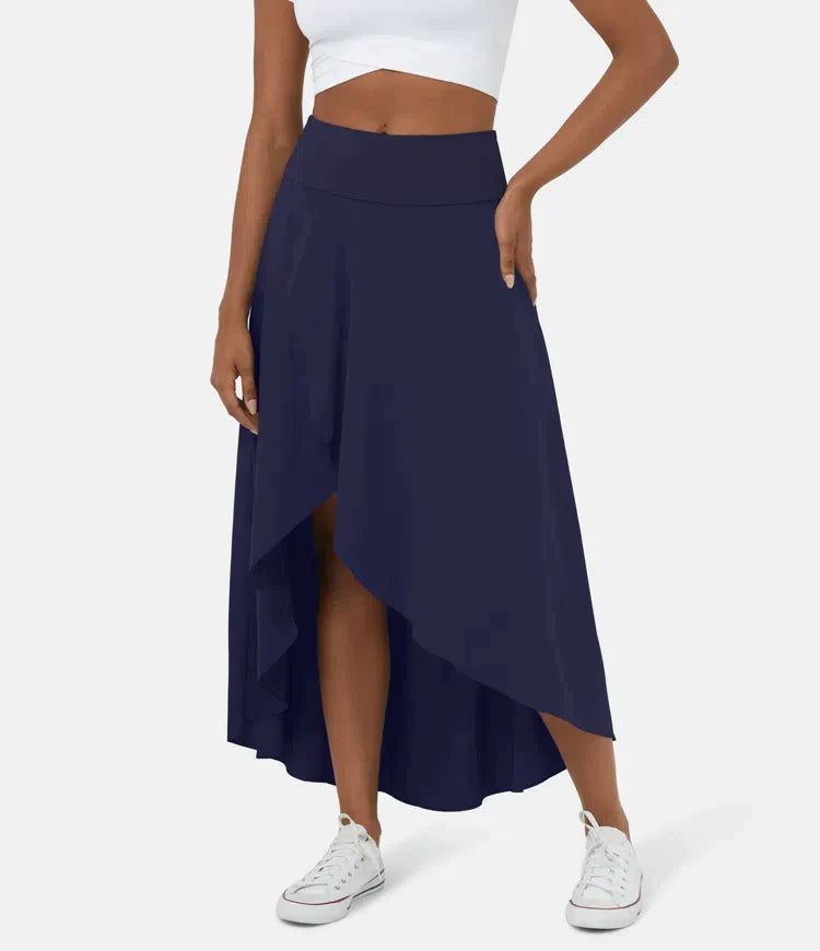 Asymmetric Midi Skirt - Elegant High Waist Flowy Skirt for Women