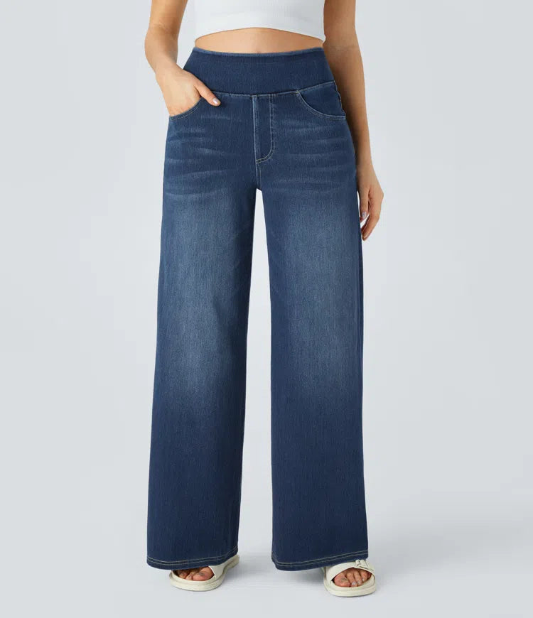 Relaxed Fit Jeans - High Waist Wide-Leg Pull On Comfortable Stretch Denim Pants