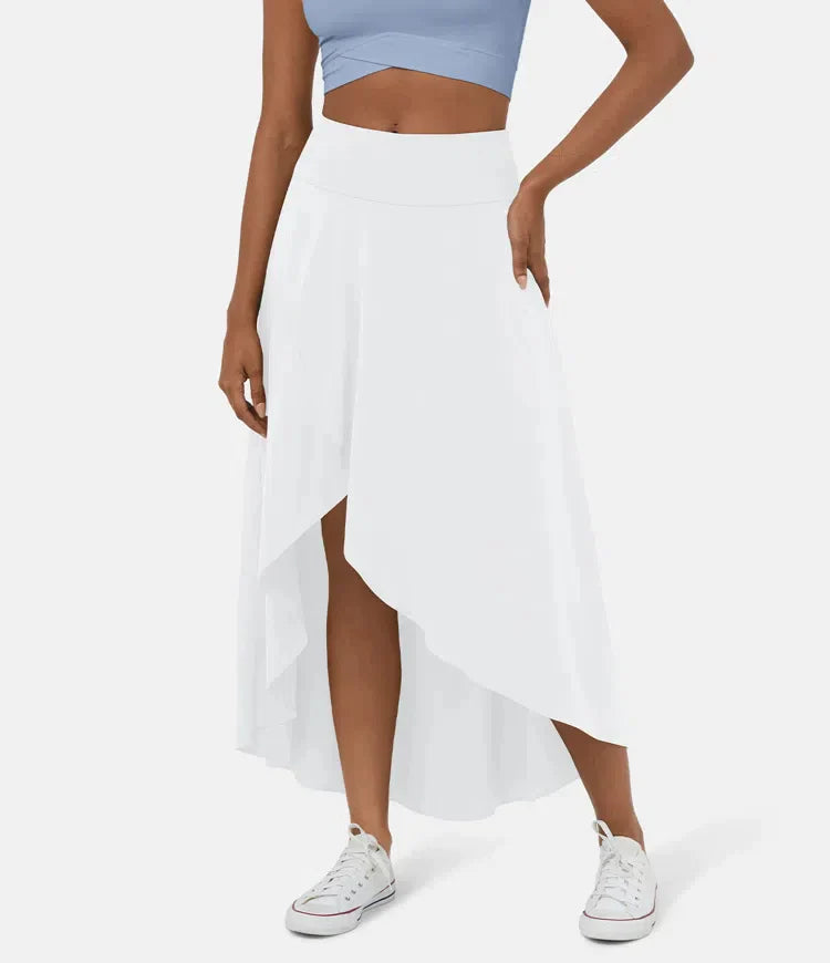 Asymmetric Midi Skirt - Elegant High Waist Flowy Skirt for Women