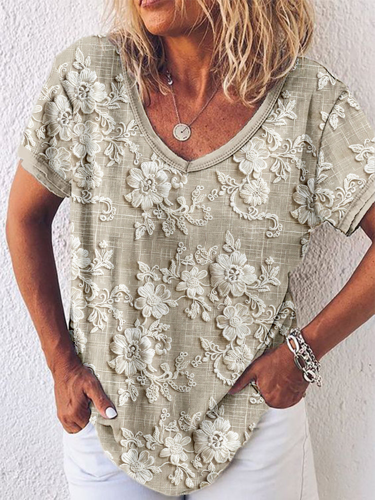 Floral V Neck Top - Elegant Comfy Blouse With Soft Floral Pattern & Flattering Hem