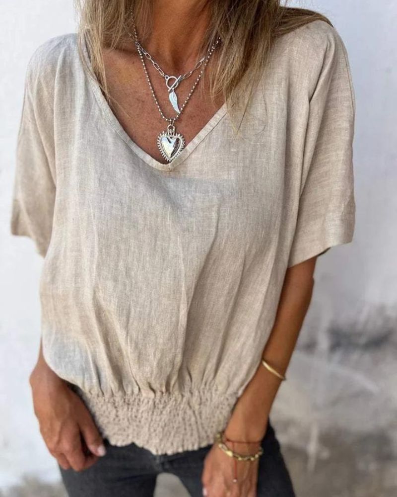 Relaxed Summer Top – Flowy V Neck Cotton Linen Blouse | Lightweight Casual Shirt