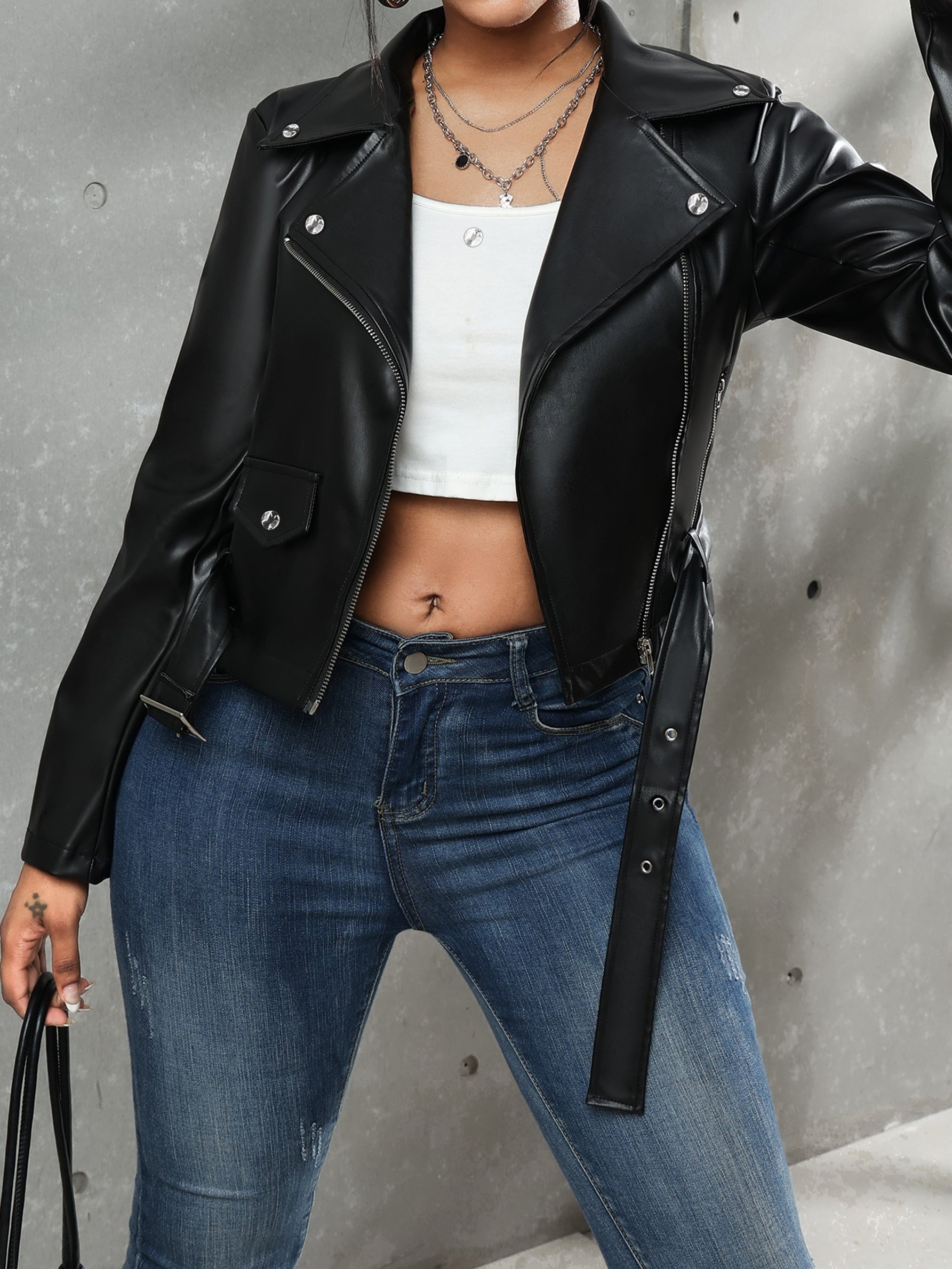 Biker Jacket | Women's Leather Motorcycle Jacket With Adjustable Belt & Silver Hardware
