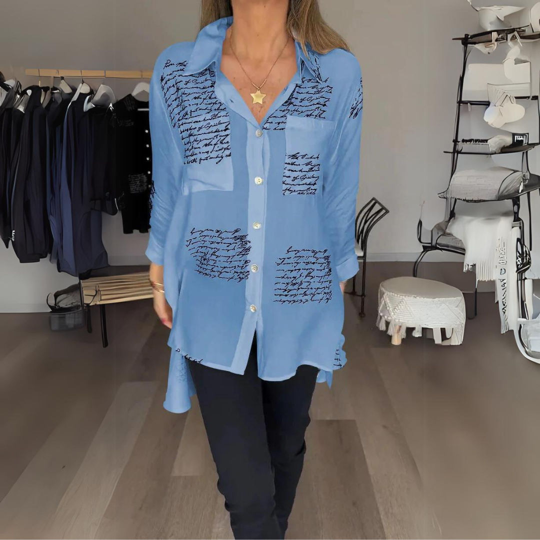 Handwritten Button-Up Shirt - Casual Chic Viscose Fabric Blouse With Artistic Print
