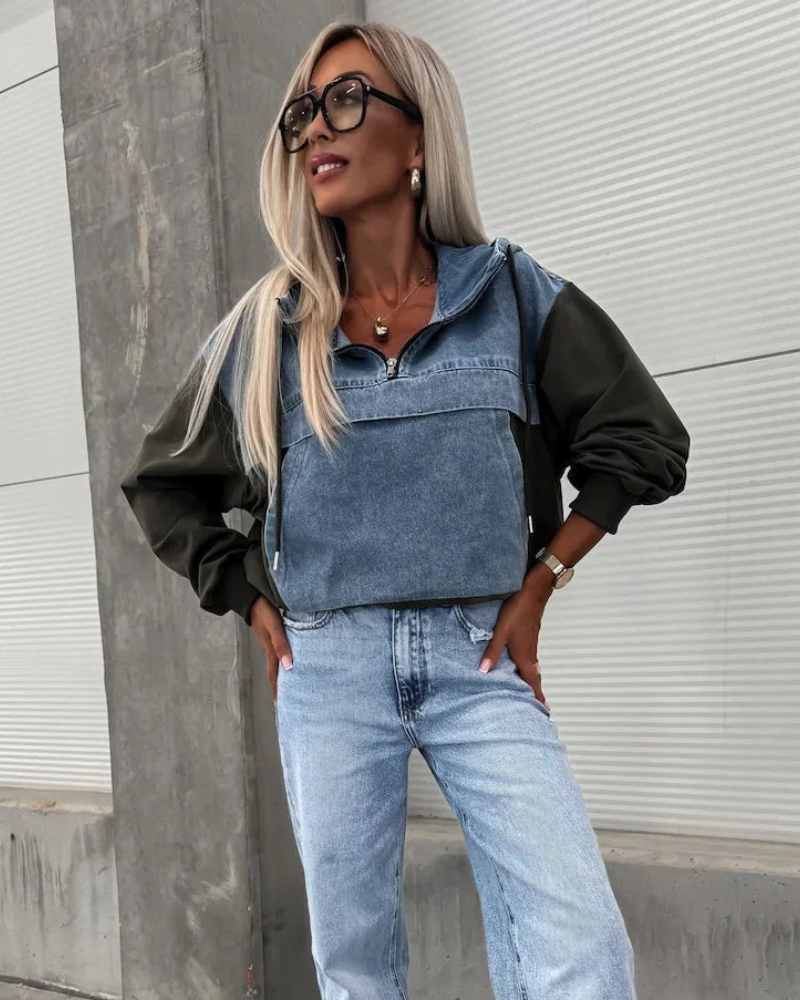 Jeans Sweater Hoodie - Cropped Relaxed Fit With Denim Panel & Adjustable Hem