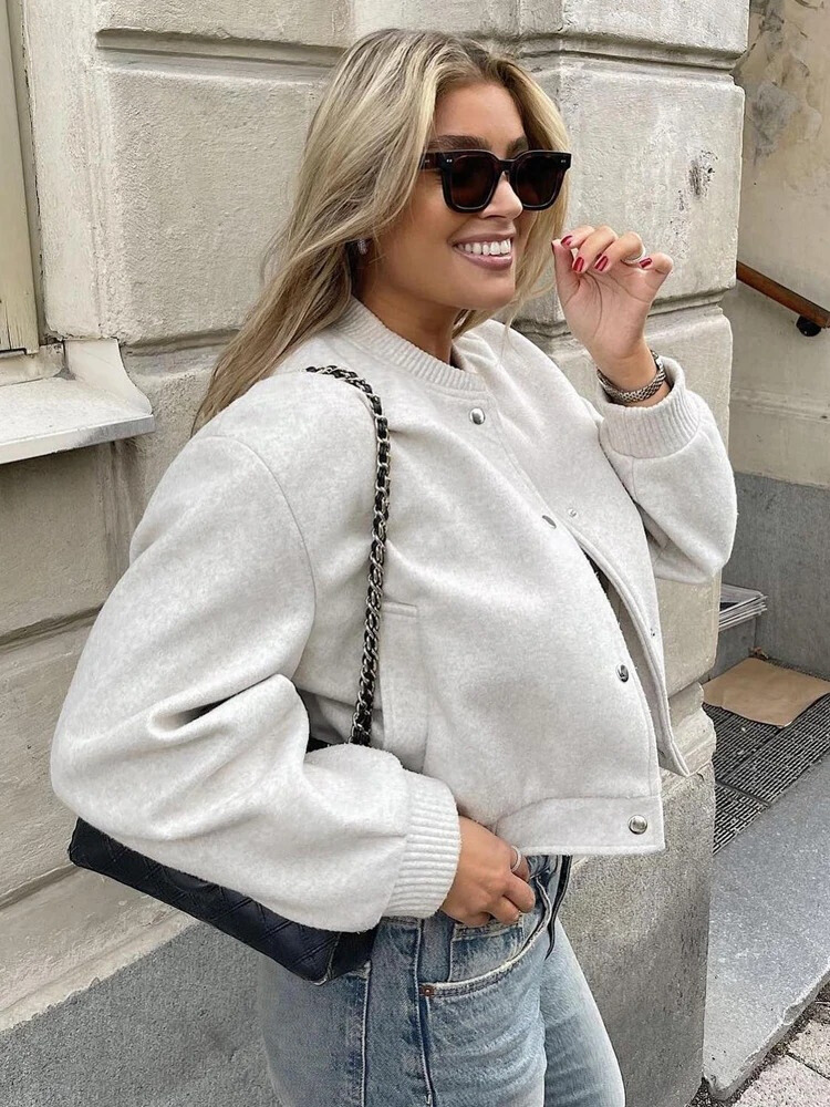 Cropped Bomber Jacket - Women's Stylish Loose Fit Two Pocket Outerwear