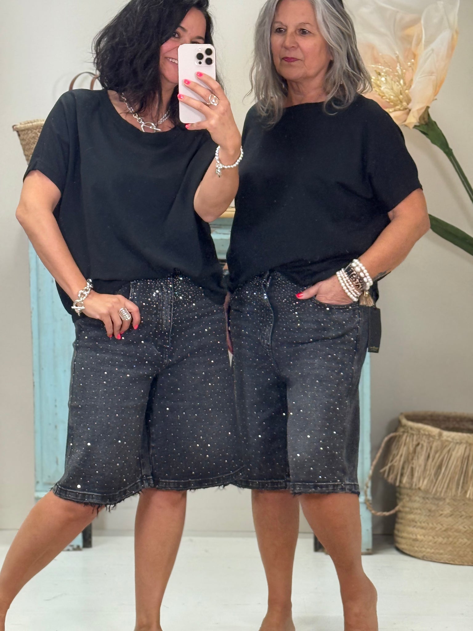 Sparkling Denim Shorts – Rhinestone Embellished Bermuda Length Casual Summer Wear