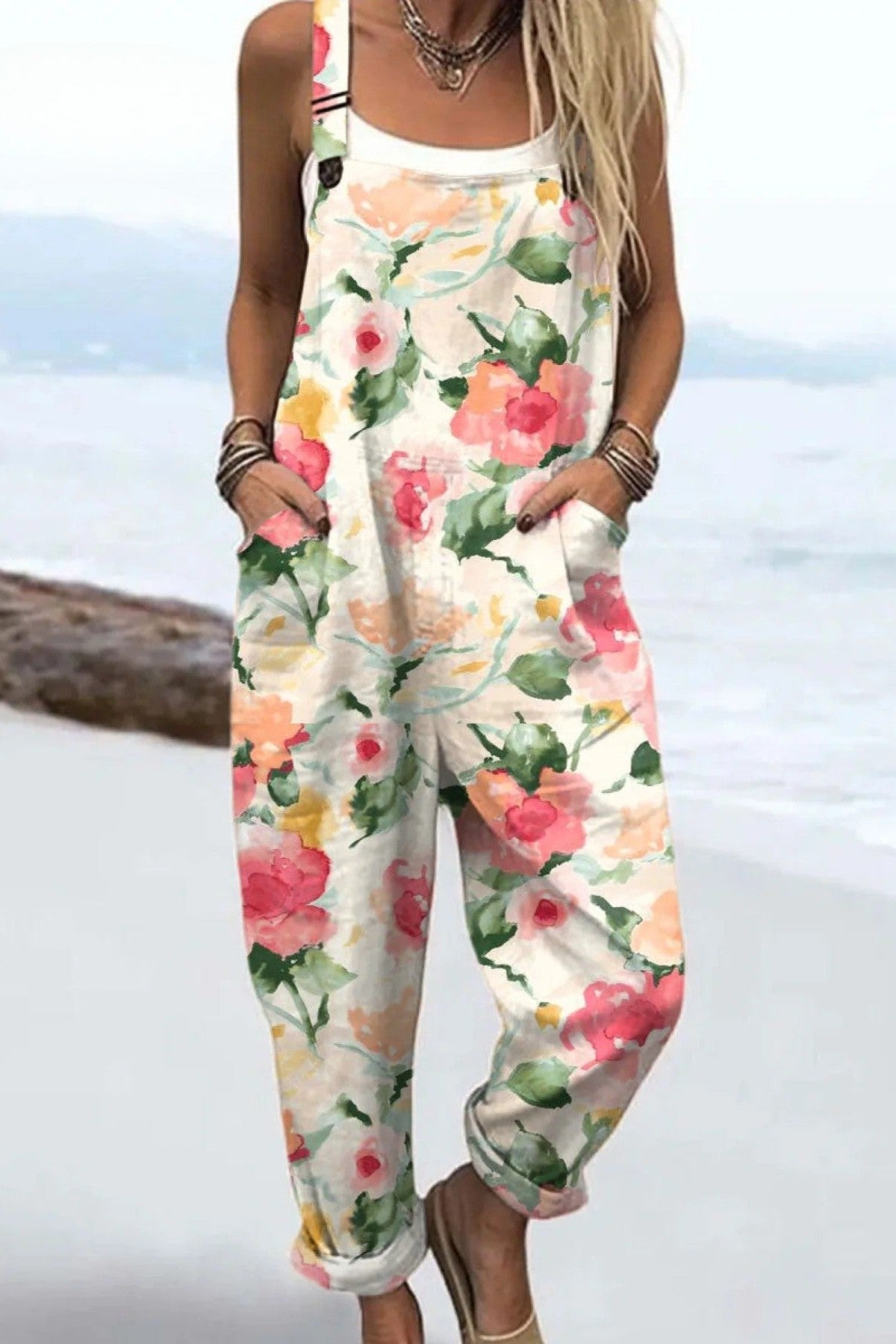 Floral Print Jumpsuit – Wide Leg, Adjustable Strap, Relaxed Fit Clothing for Summer