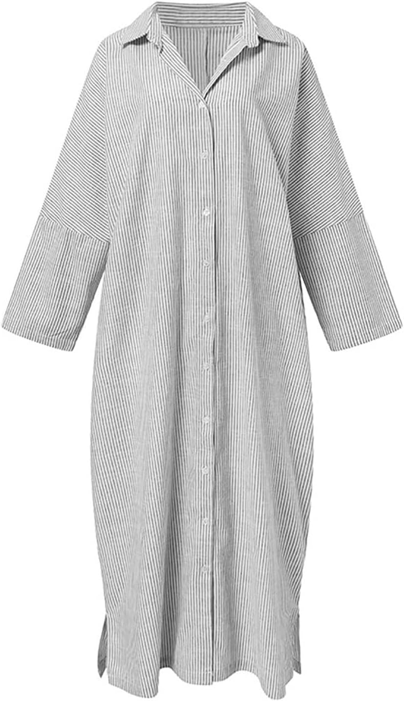 Long Sleeve Shirt Dress – Classic Stripe Pattern | Button Front, Relaxed Fit Dress