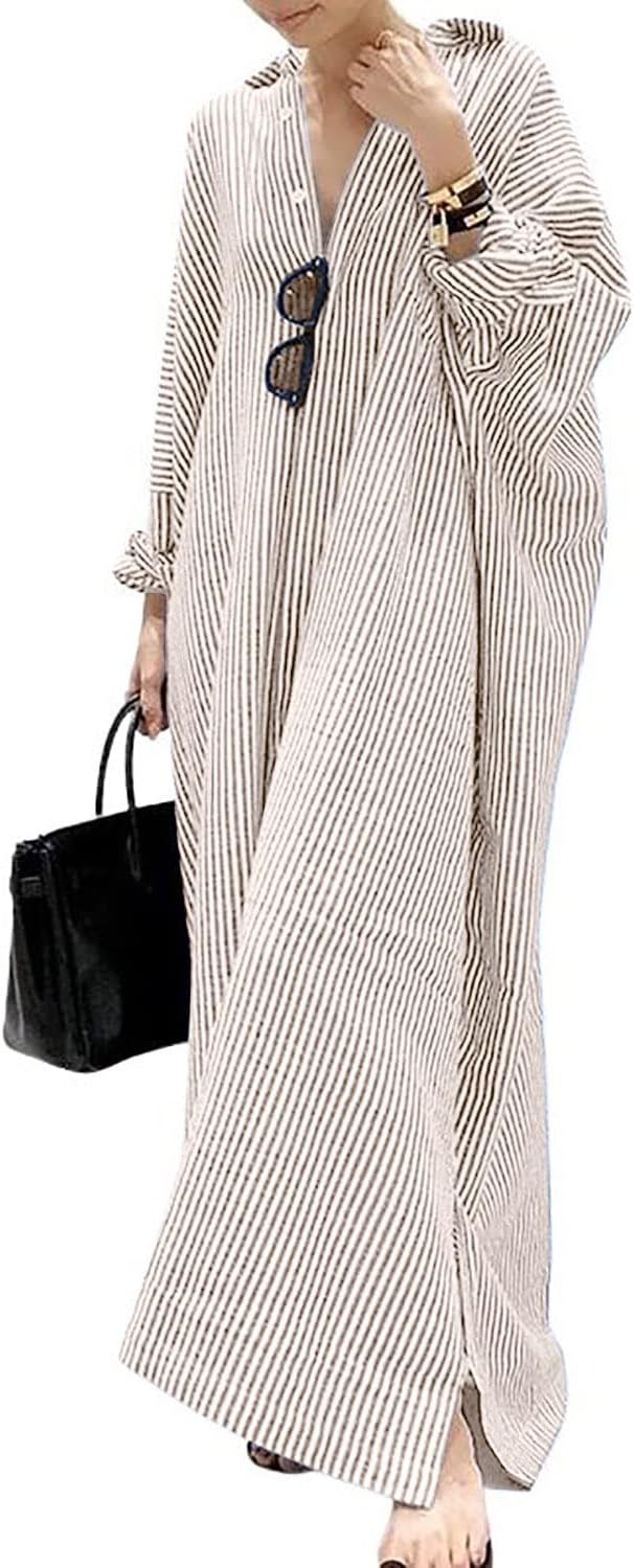 Long Sleeve Shirt Dress – Classic Stripe Pattern | Button Front, Relaxed Fit Dress