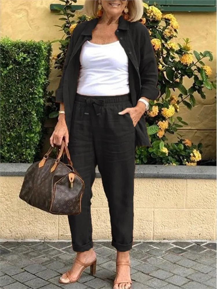 Long Sleeved Shirt Set – Comfortable Lounge Wear With Adjustable Waistband Pants