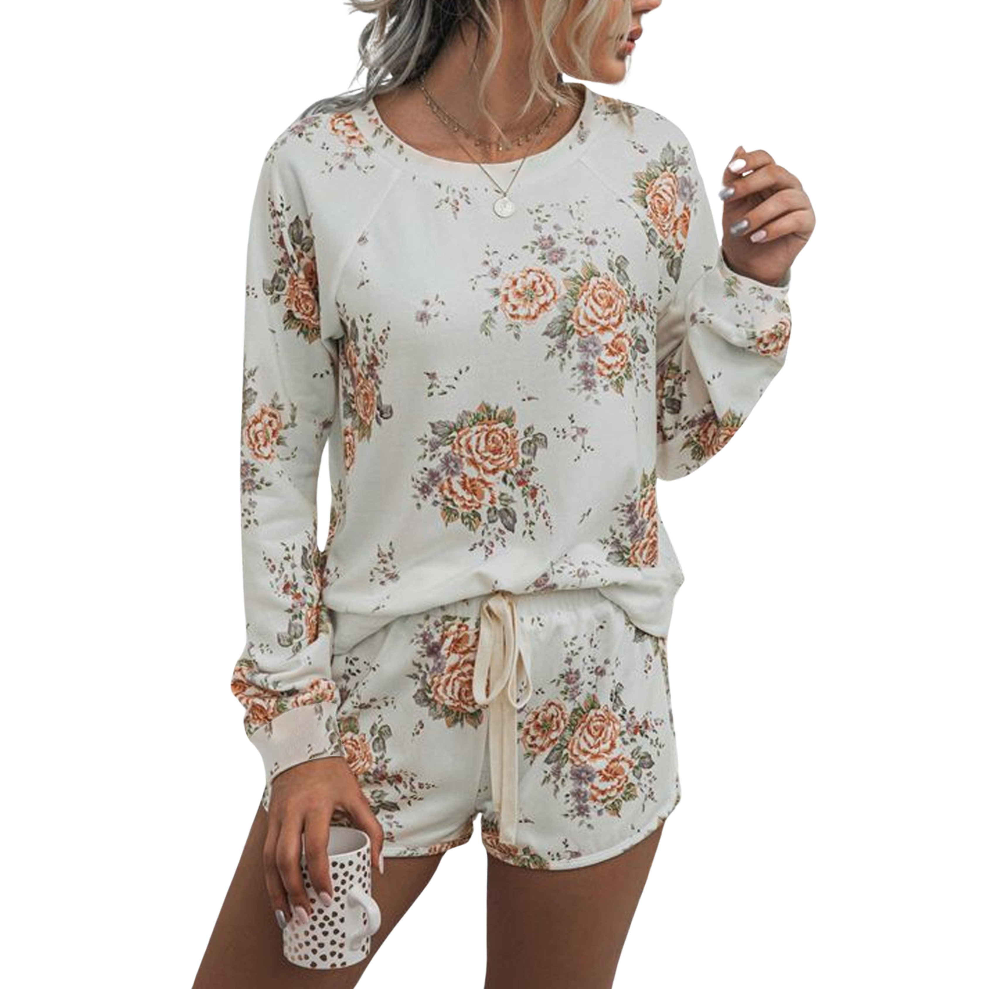 Relaxed Lounge Set - Long Sleeve Floral Ruffle Stripe Top With Soft Fabric