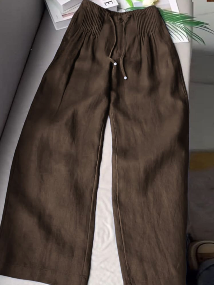 Linen Wide Leg Pants – Pleated Drawstring Waist, Comfortable Summer Casual Wear