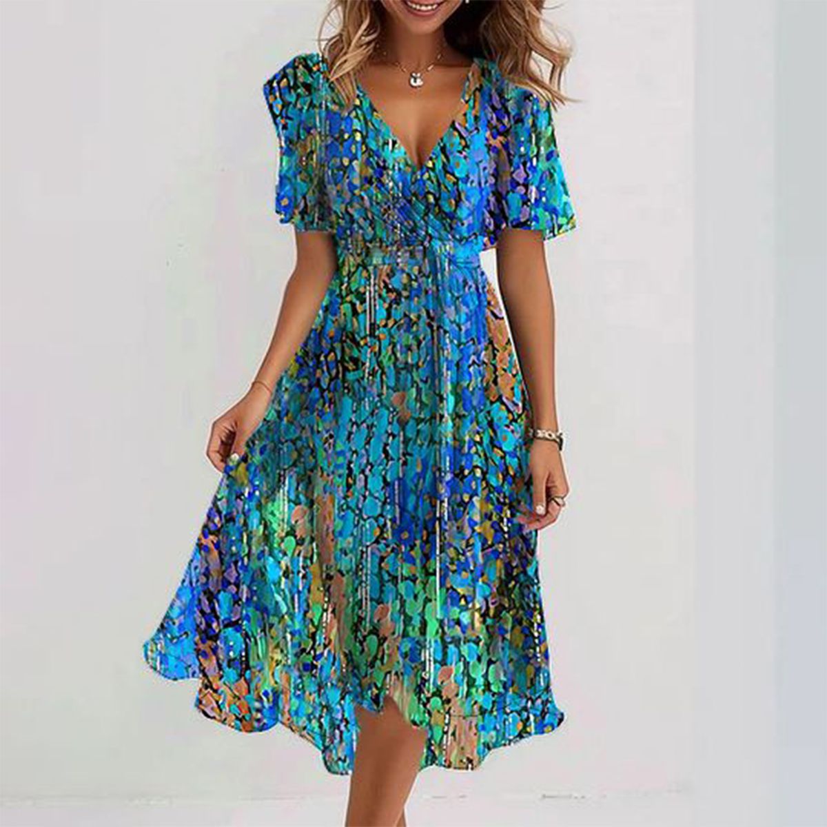 Blue Midi Dress – Elegant Short Sleeve Dress With Flattering Fit & Premium Fabric