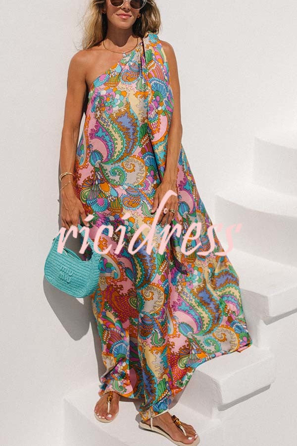 One-Shoulder Satin Maxi Dress - Unique Printed Bow Detail | Summer Elegant Gown