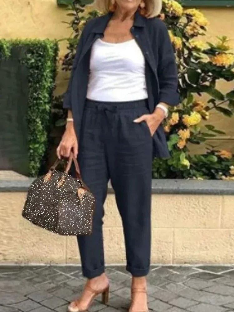 Long Sleeved Shirt Set – Comfortable Lounge Wear With Adjustable Waistband Pants