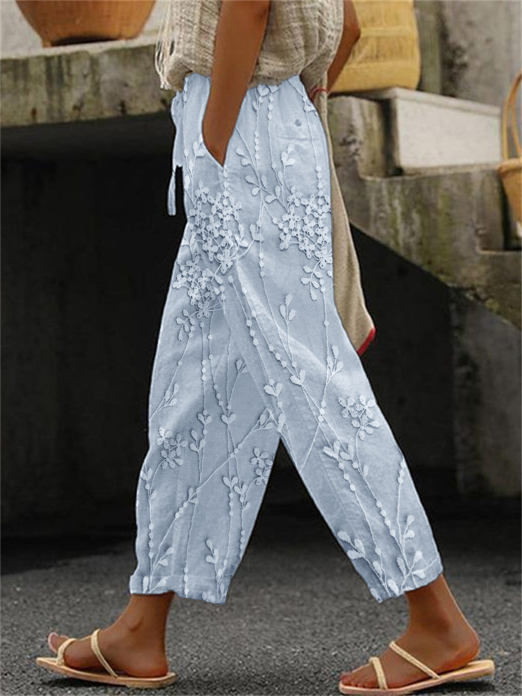 Printed Cotton Linen Pants - Loose Fit Botanical Print Tapered Trousers