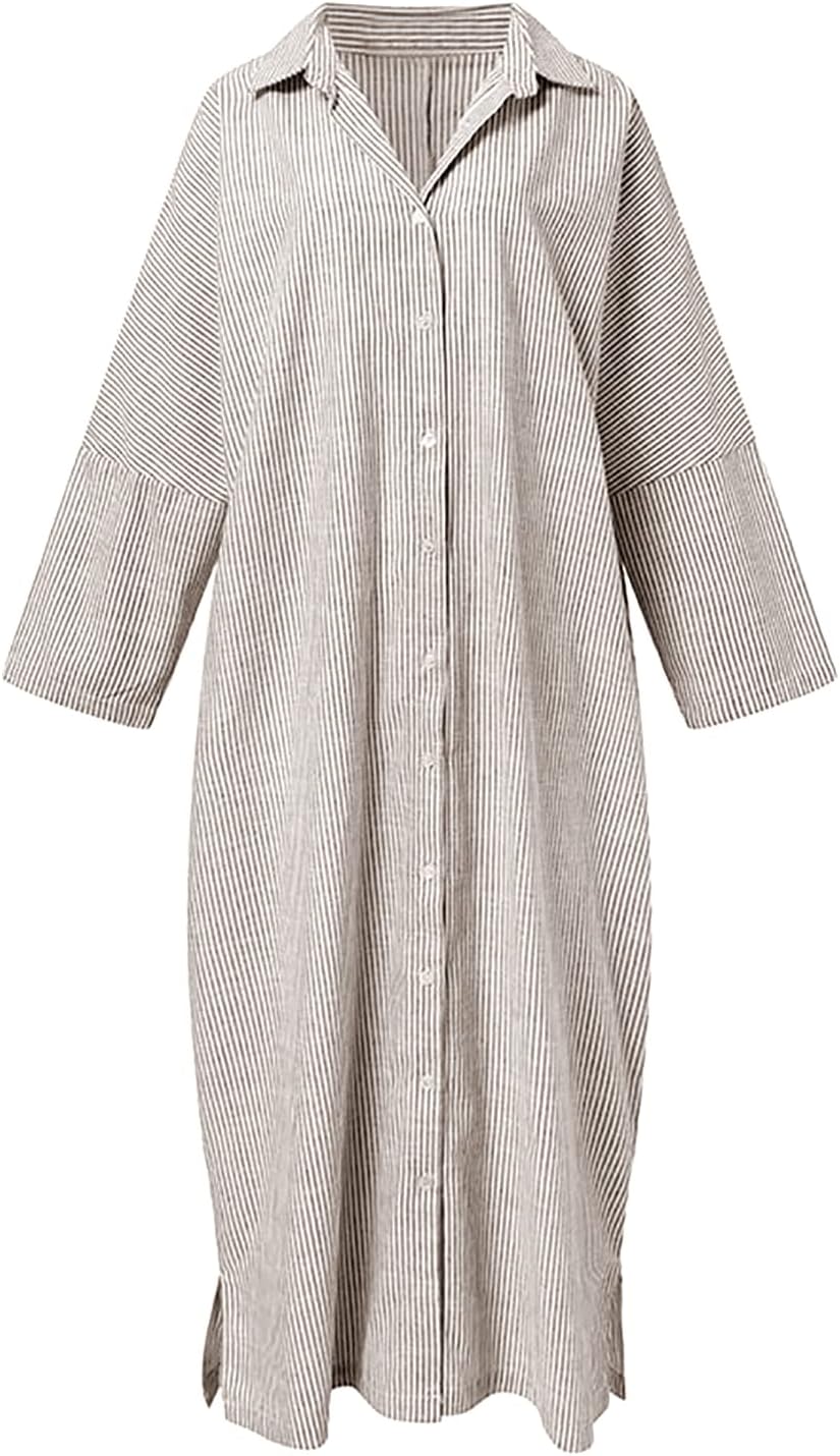 Long Sleeve Shirt Dress – Classic Stripe Pattern | Button Front, Relaxed Fit Dress
